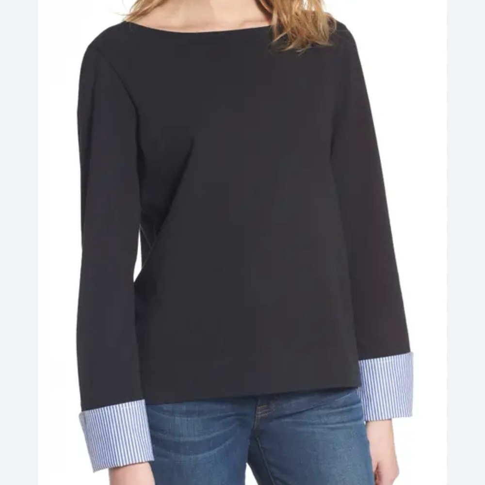 J. Crew Pullover Top with Pinstripe Cuffs- Black- Size XL- Preppy